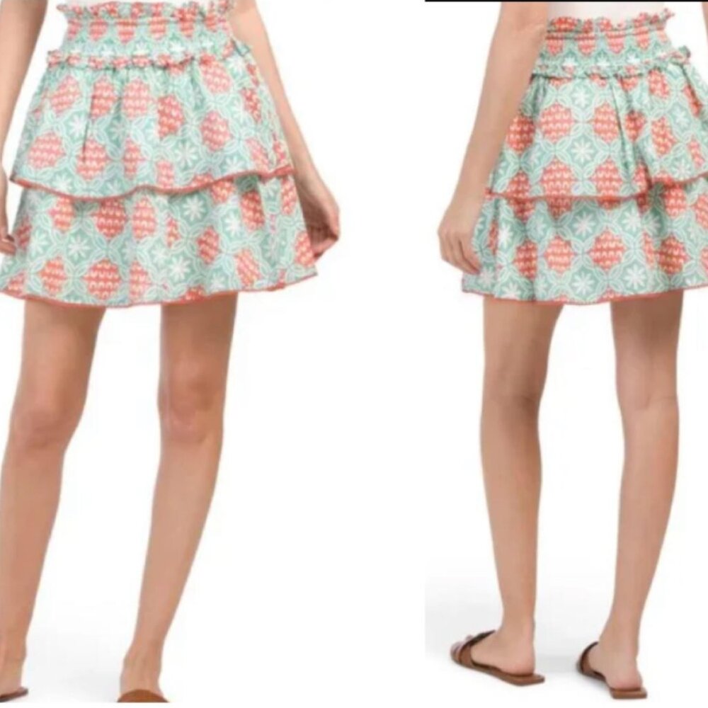 Marea Womens Cotton Floral Smocked Waist A-Line Ruffled Skirt Green Sz M